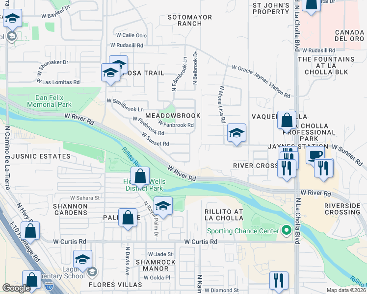 map of restaurants, bars, coffee shops, grocery stores, and more near 2591 West Sunset Road in Tucson