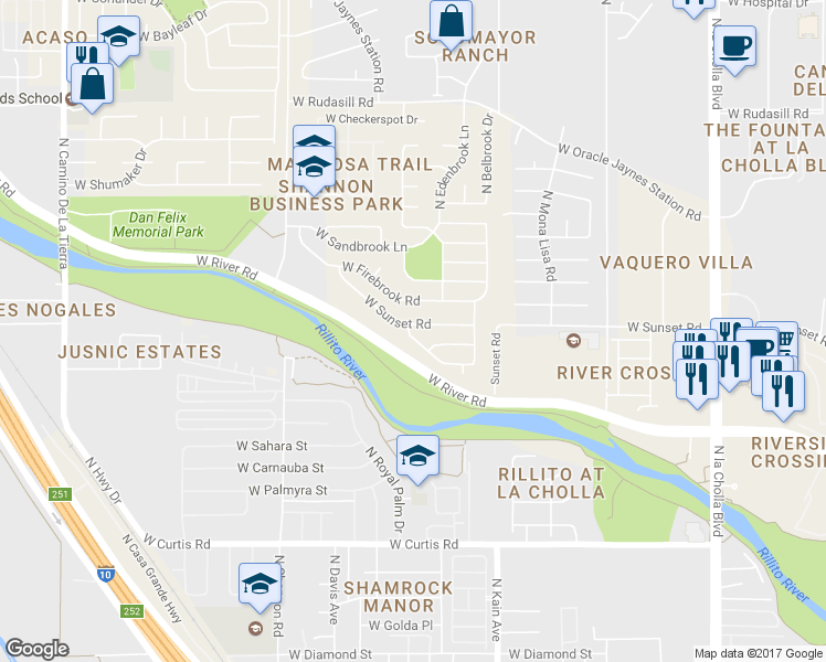 map of restaurants, bars, coffee shops, grocery stores, and more near 2664 West Lazybrook Drive in Tucson