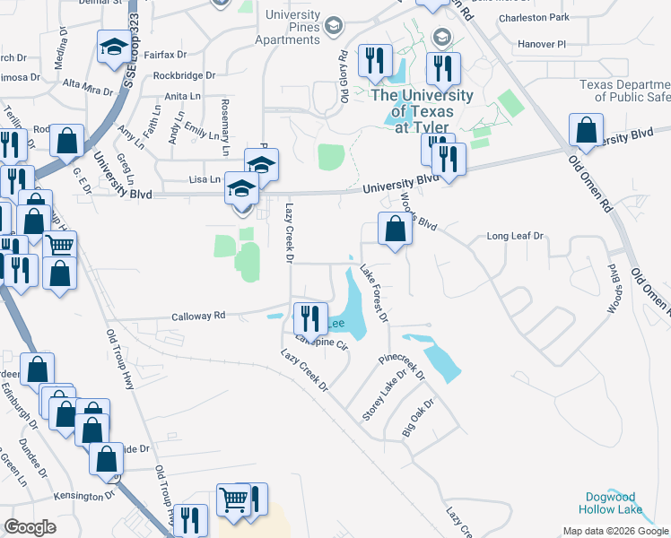 map of restaurants, bars, coffee shops, grocery stores, and more near 3700 Lake Vista Circle in Tyler