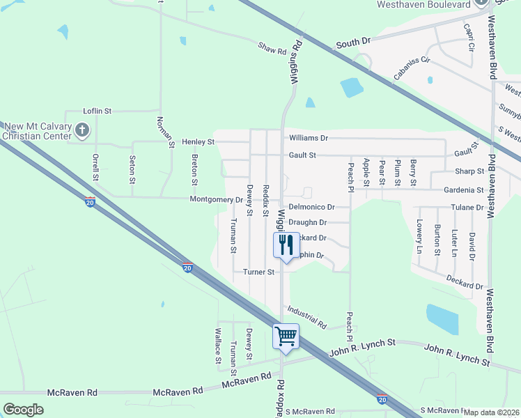 map of restaurants, bars, coffee shops, grocery stores, and more near 1516 Dewey Street in Jackson