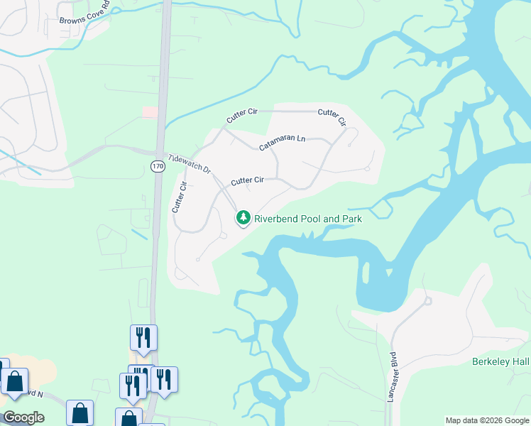 map of restaurants, bars, coffee shops, grocery stores, and more near 15 Wisteria Lane in Bluffton