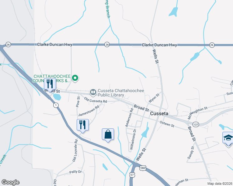 map of restaurants, bars, coffee shops, grocery stores, and more near 140 West Railroad Street in Cusseta