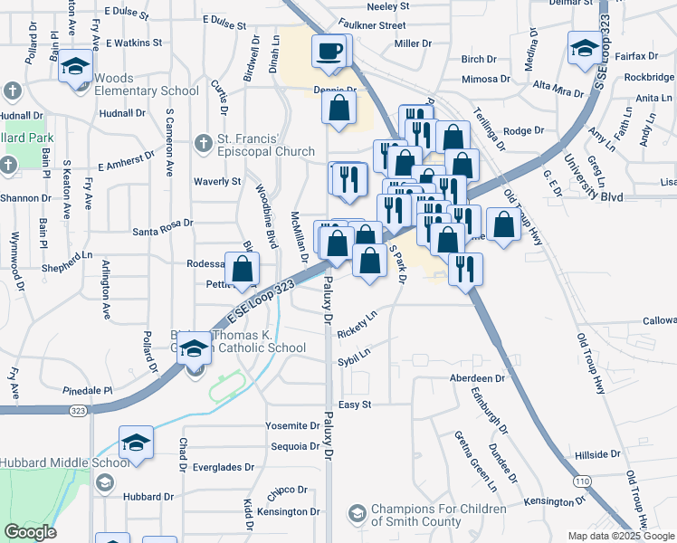 map of restaurants, bars, coffee shops, grocery stores, and more near 1801 Texas 323 Loop in Tyler