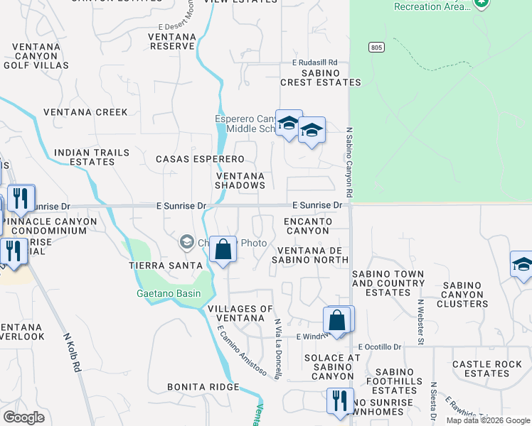 map of restaurants, bars, coffee shops, grocery stores, and more near 5584 North Waterfield Drive in Tucson