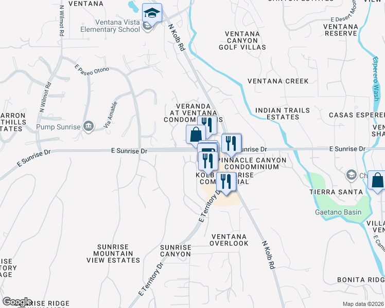 map of restaurants, bars, coffee shops, grocery stores, and more near 5450 N Vía Arancio in Tucson