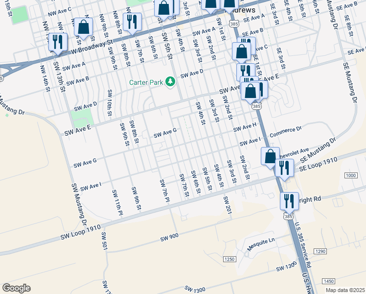map of restaurants, bars, coffee shops, grocery stores, and more near 900 Southwest 6th Street in Andrews