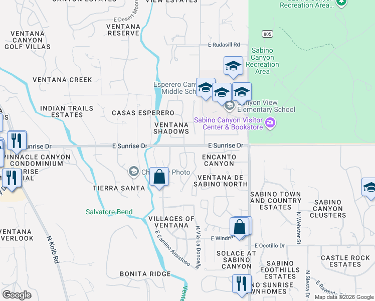 map of restaurants, bars, coffee shops, grocery stores, and more near 5584 North Waterfield Drive in Tucson