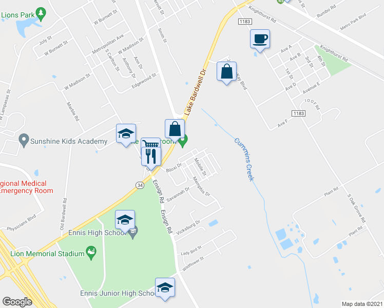 map of restaurants, bars, coffee shops, grocery stores, and more near 800 Biloxi Drive in Ennis