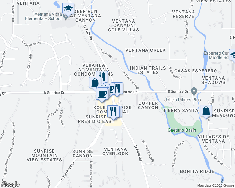 map of restaurants, bars, coffee shops, grocery stores, and more near 6950 East Sunrise Drive in Tucson