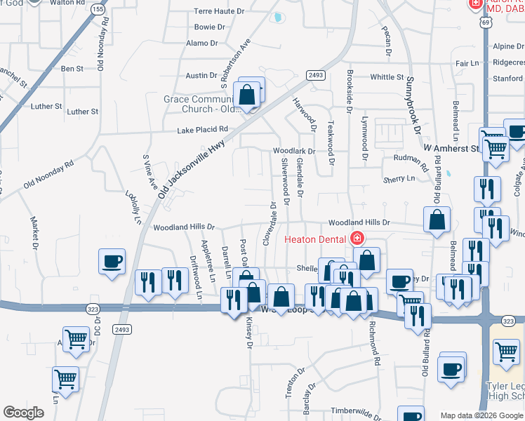 map of restaurants, bars, coffee shops, grocery stores, and more near 1206 Kingsbury Road in Tyler