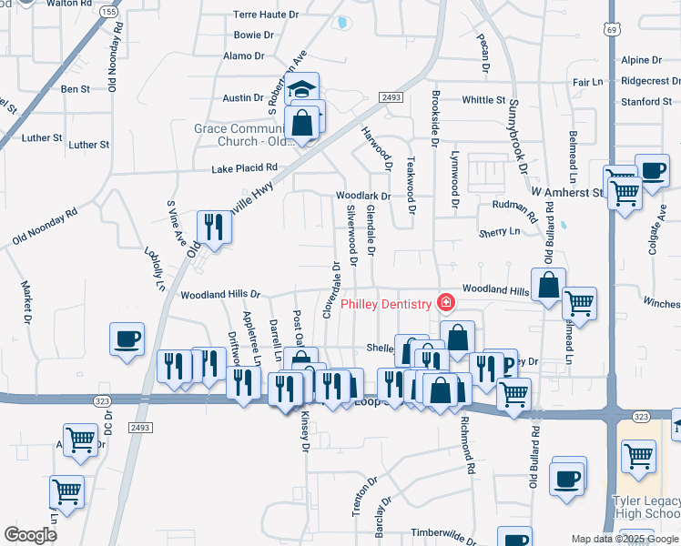 map of restaurants, bars, coffee shops, grocery stores, and more near 3618 Cloverdale Drive in Tyler