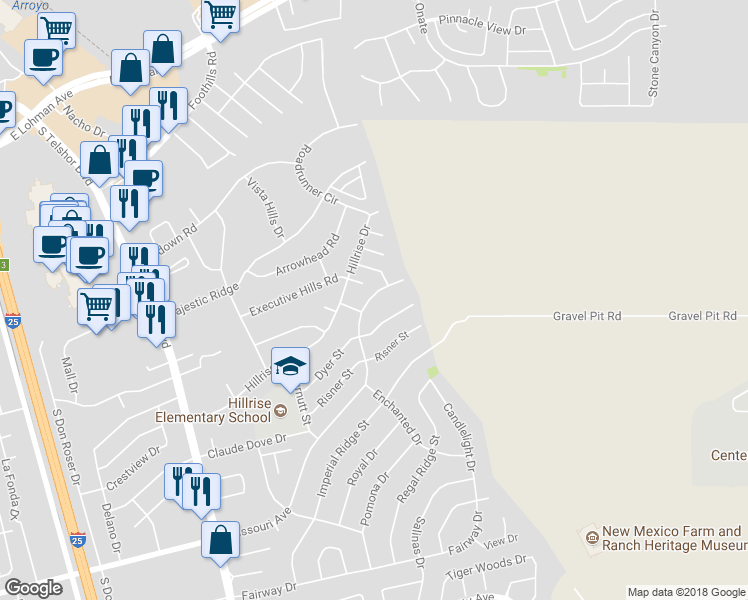 map of restaurants, bars, coffee shops, grocery stores, and more near 3240 Missouri Avenue in Las Cruces