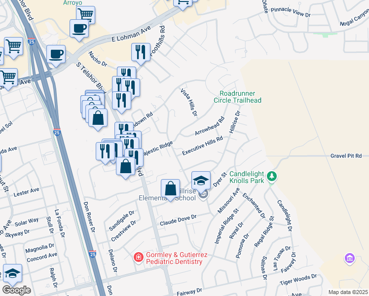 map of restaurants, bars, coffee shops, grocery stores, and more near 3049 Executive Hills Road in Las Cruces