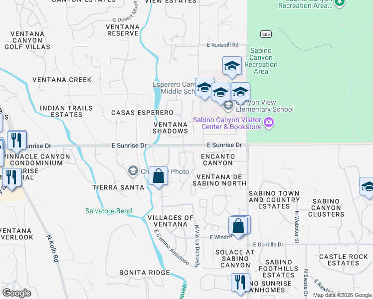 map of restaurants, bars, coffee shops, grocery stores, and more near 5584 North Waterfield Drive in Tucson