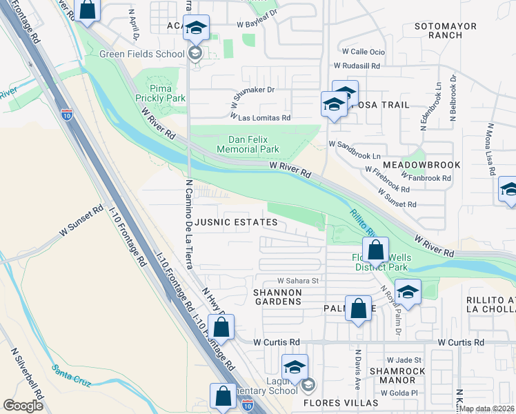 map of restaurants, bars, coffee shops, grocery stores, and more near 3191 West Jusnic Circle in Tucson