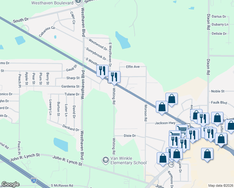 map of restaurants, bars, coffee shops, grocery stores, and more near 4695 U.S. 80 in Jackson
