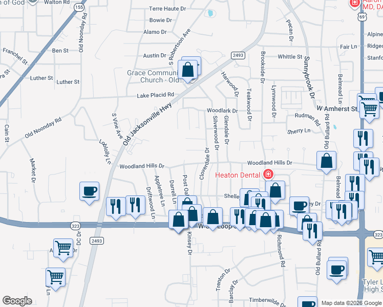 map of restaurants, bars, coffee shops, grocery stores, and more near 1206 Kingsbury Road in Tyler