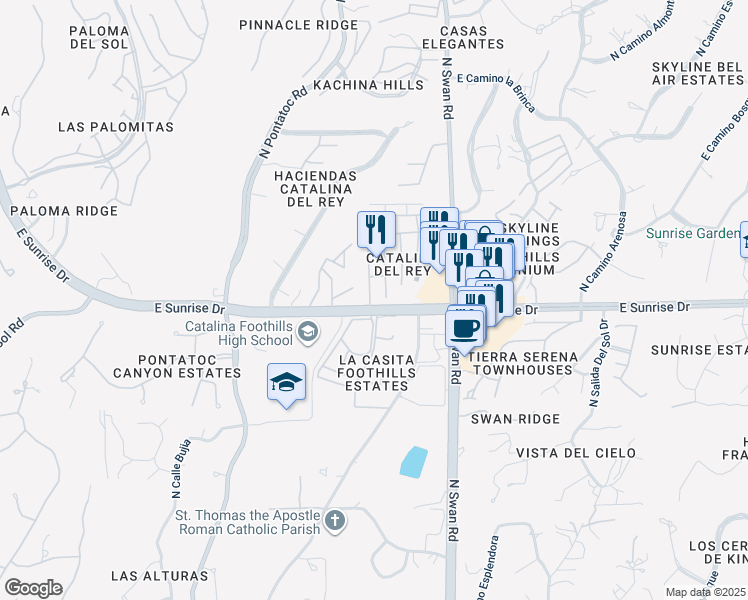 map of restaurants, bars, coffee shops, grocery stores, and more near 5601 North Camino Del Sol in Tucson