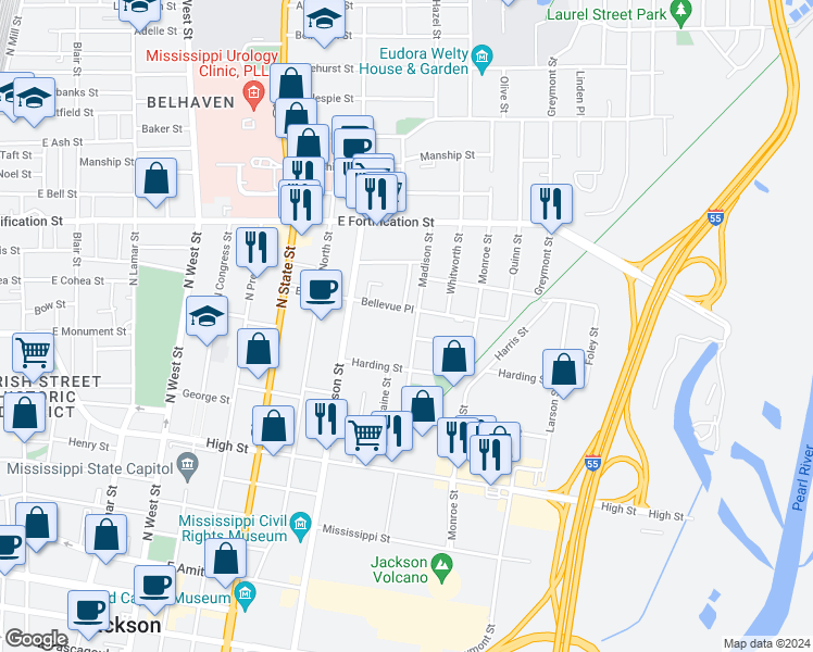 map of restaurants, bars, coffee shops, grocery stores, and more near 850 North Jefferson Street in Jackson