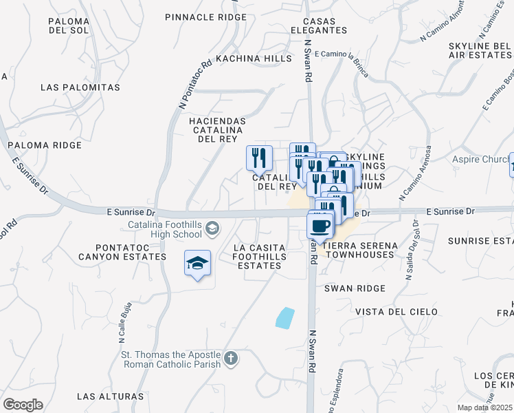 map of restaurants, bars, coffee shops, grocery stores, and more near 5601 North Camino Del Sol in Tucson