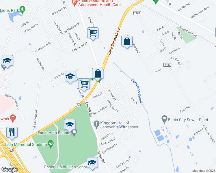 map of restaurants, bars, coffee shops, grocery stores, and more near 716 Biloxi Drive in Ennis
