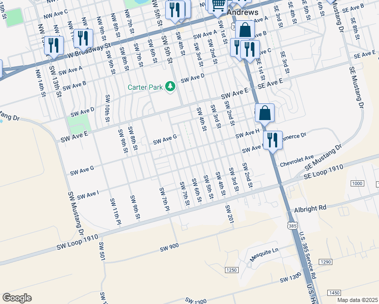 map of restaurants, bars, coffee shops, grocery stores, and more near 900 Southwest 6th Street in Andrews