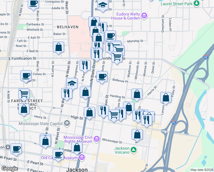 map of restaurants, bars, coffee shops, grocery stores, and more near 835 North Jefferson Street in Jackson