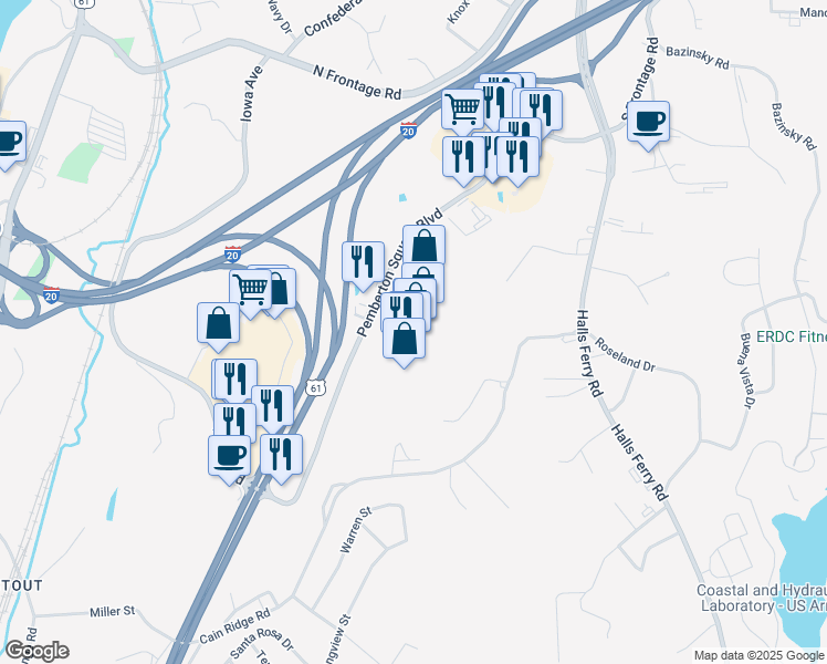 map of restaurants, bars, coffee shops, grocery stores, and more near 3505 Pemberton Square Boulevard in Vicksburg