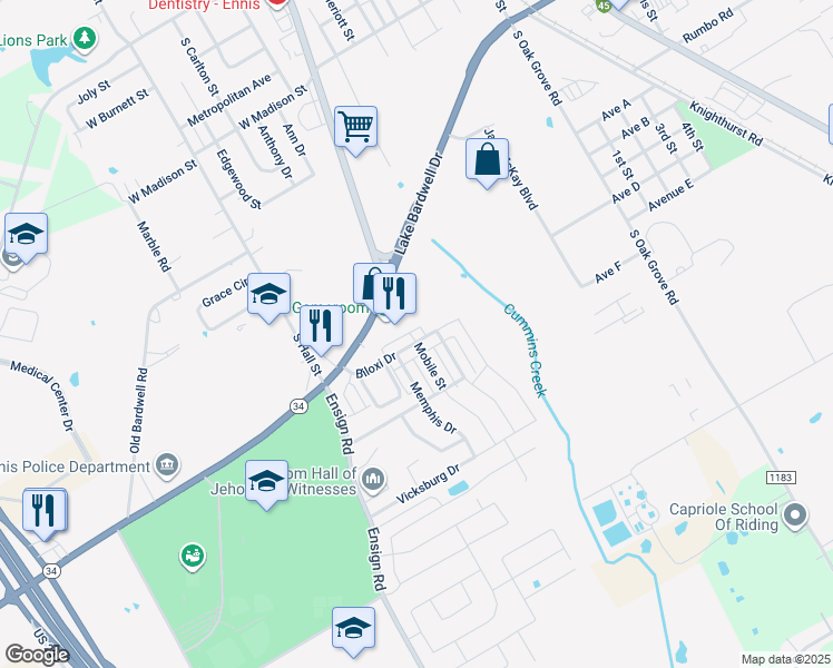 map of restaurants, bars, coffee shops, grocery stores, and more near 714 Biloxi Drive in Ennis