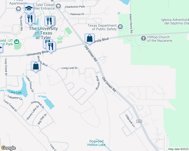 map of restaurants, bars, coffee shops, grocery stores, and more near 3861 Broadmoore Court in Tyler