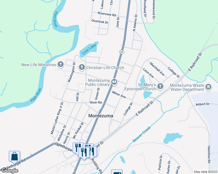 map of restaurants, bars, coffee shops, grocery stores, and more near 429 North Dooly Street in Montezuma