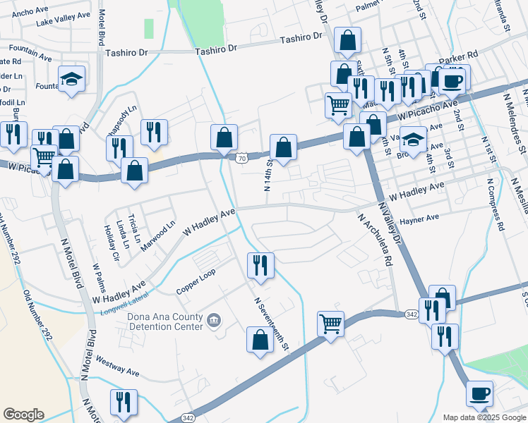map of restaurants, bars, coffee shops, grocery stores, and more near 1781 West Hadley Avenue in Las Cruces