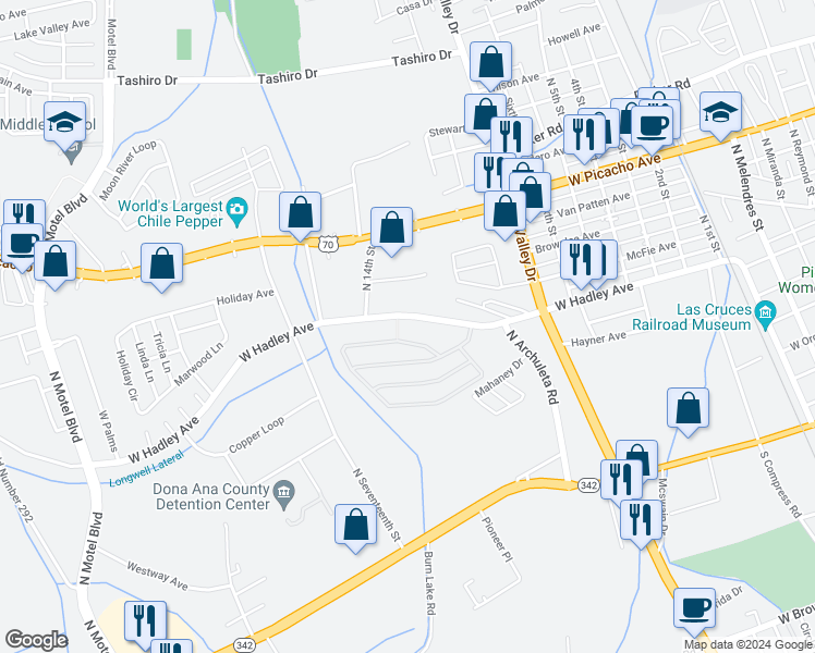 map of restaurants, bars, coffee shops, grocery stores, and more near 1741 W Hadley Ave in Las Cruces