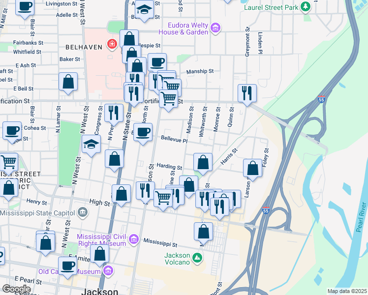 map of restaurants, bars, coffee shops, grocery stores, and more near 850 North Jefferson Street in Jackson