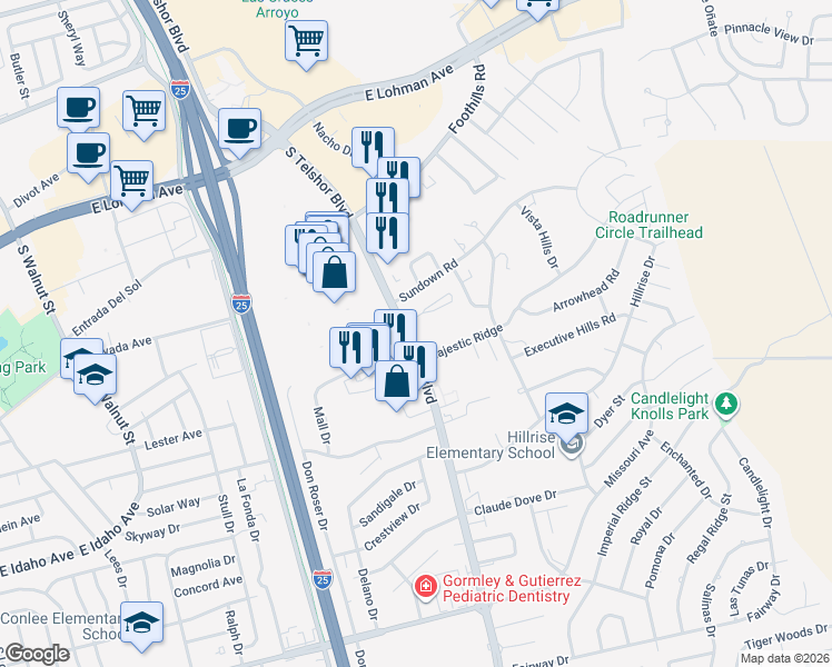 map of restaurants, bars, coffee shops, grocery stores, and more near 825 South Telshor Boulevard in Las Cruces