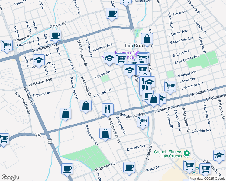 map of restaurants, bars, coffee shops, grocery stores, and more near 505 West Griggs Avenue in Las Cruces