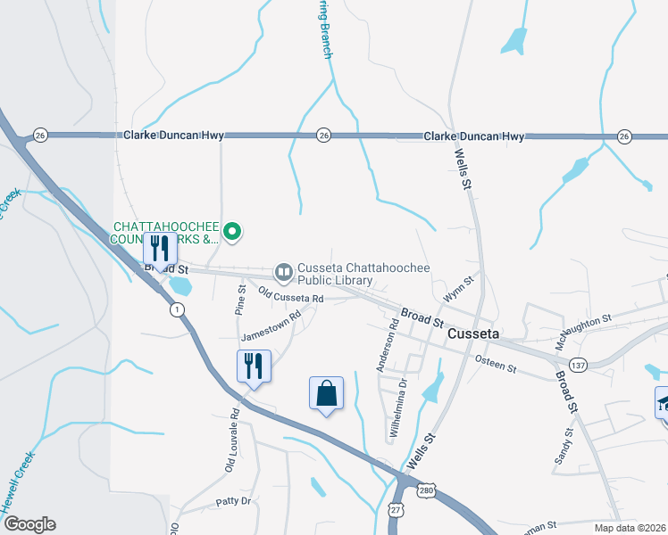 map of restaurants, bars, coffee shops, grocery stores, and more near 248-254 Broad Street in Cusseta