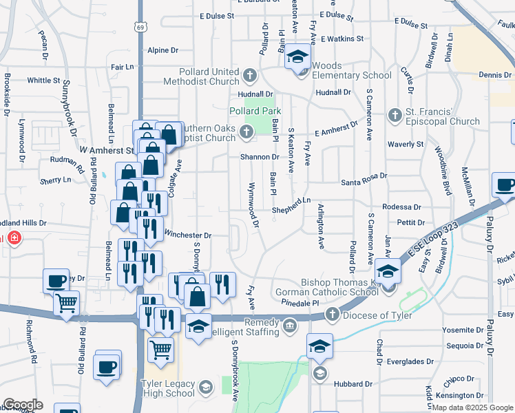 map of restaurants, bars, coffee shops, grocery stores, and more near 3610 Wynnwood Drive in Tyler