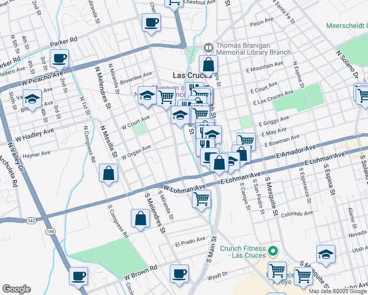 map of restaurants, bars, coffee shops, grocery stores, and more near 225 West Griggs Avenue in Las Cruces