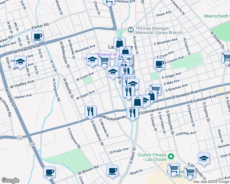 map of restaurants, bars, coffee shops, grocery stores, and more near 225 West Griggs Avenue in Las Cruces