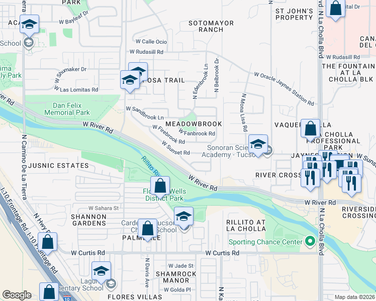 map of restaurants, bars, coffee shops, grocery stores, and more near 2664 West Lazybrook Drive in Tucson