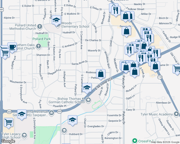 map of restaurants, bars, coffee shops, grocery stores, and more near 1414 Rodessa Drive in Tyler