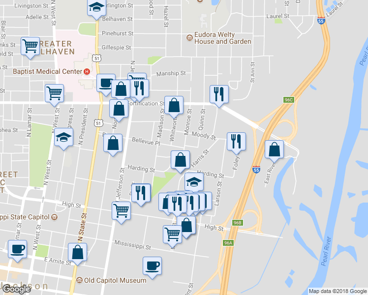 map of restaurants, bars, coffee shops, grocery stores, and more near 1198 Bellevue Place in Jackson