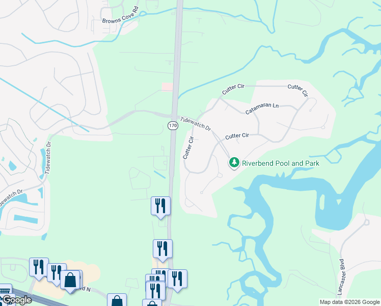 map of restaurants, bars, coffee shops, grocery stores, and more near 20 Cutter Circle in Bluffton