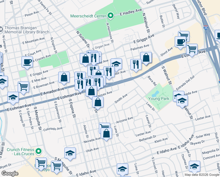 map of restaurants, bars, coffee shops, grocery stores, and more near 1520 Kansas Avenue in Las Cruces