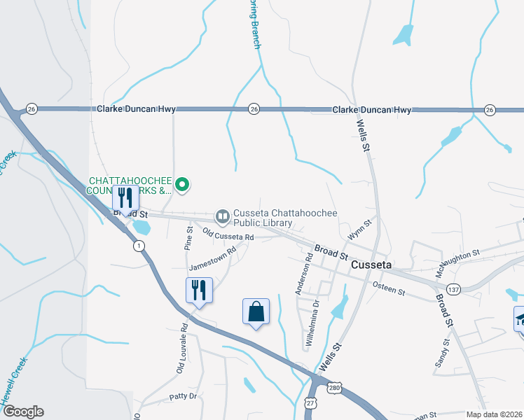 map of restaurants, bars, coffee shops, grocery stores, and more near 140 West Railroad Street in Cusseta