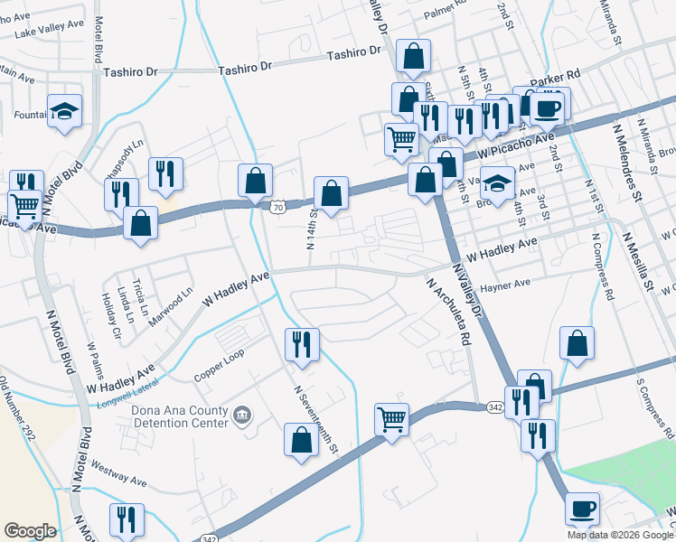 map of restaurants, bars, coffee shops, grocery stores, and more near 1741 West Hadley Avenue in Las Cruces