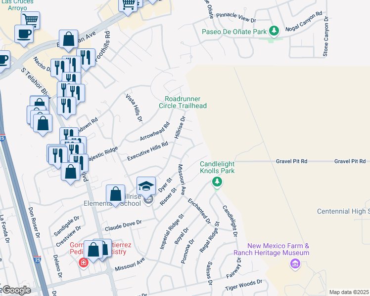 map of restaurants, bars, coffee shops, grocery stores, and more near 3273 Missouri Avenue in Las Cruces