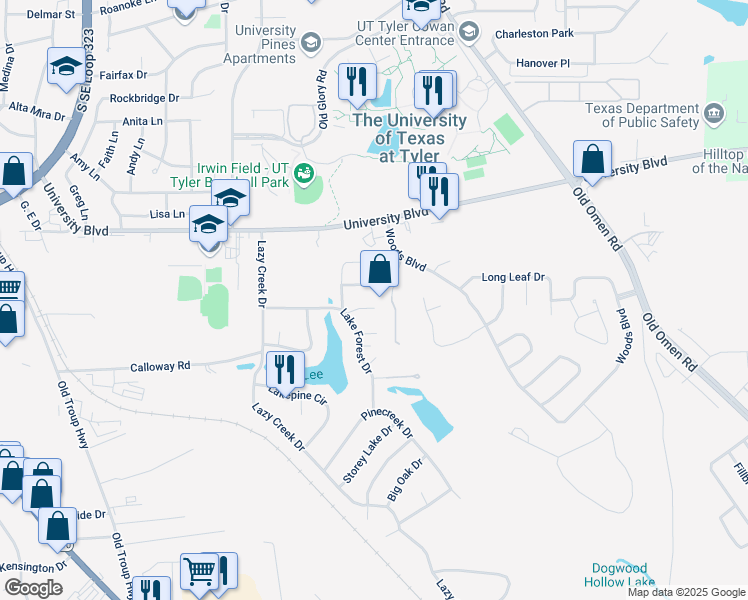 map of restaurants, bars, coffee shops, grocery stores, and more near 3617 Rock Creek Drive in Tyler