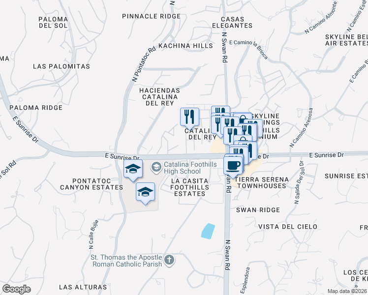 map of restaurants, bars, coffee shops, grocery stores, and more near 5601 North Camino Del Sol in Tucson